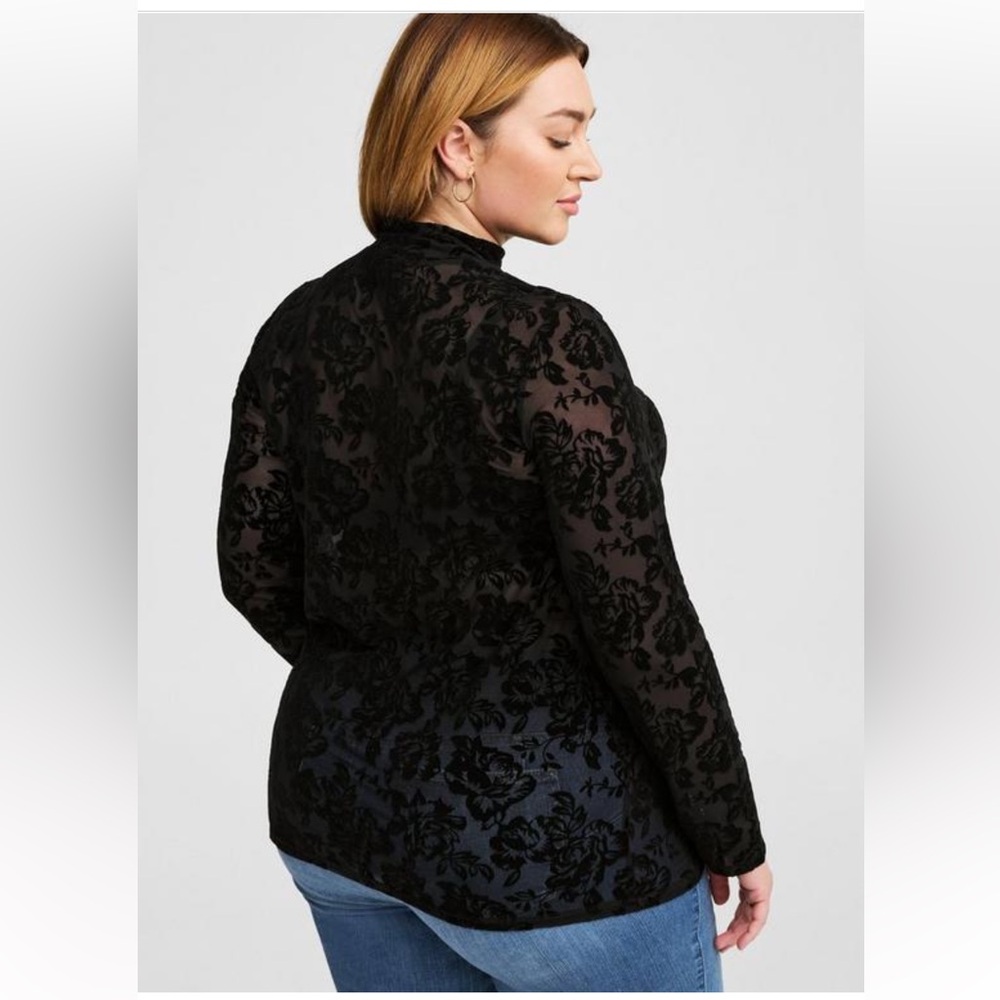 TORRID Flocked Mesh Mock Neck Black Long Sleeve Floral Top Size 1X 14/16 NEW - Picture 5 of 6